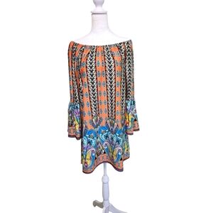 Lady's World Boho Dress With Pagoda Sleeves Multi Color Polyester Size Large